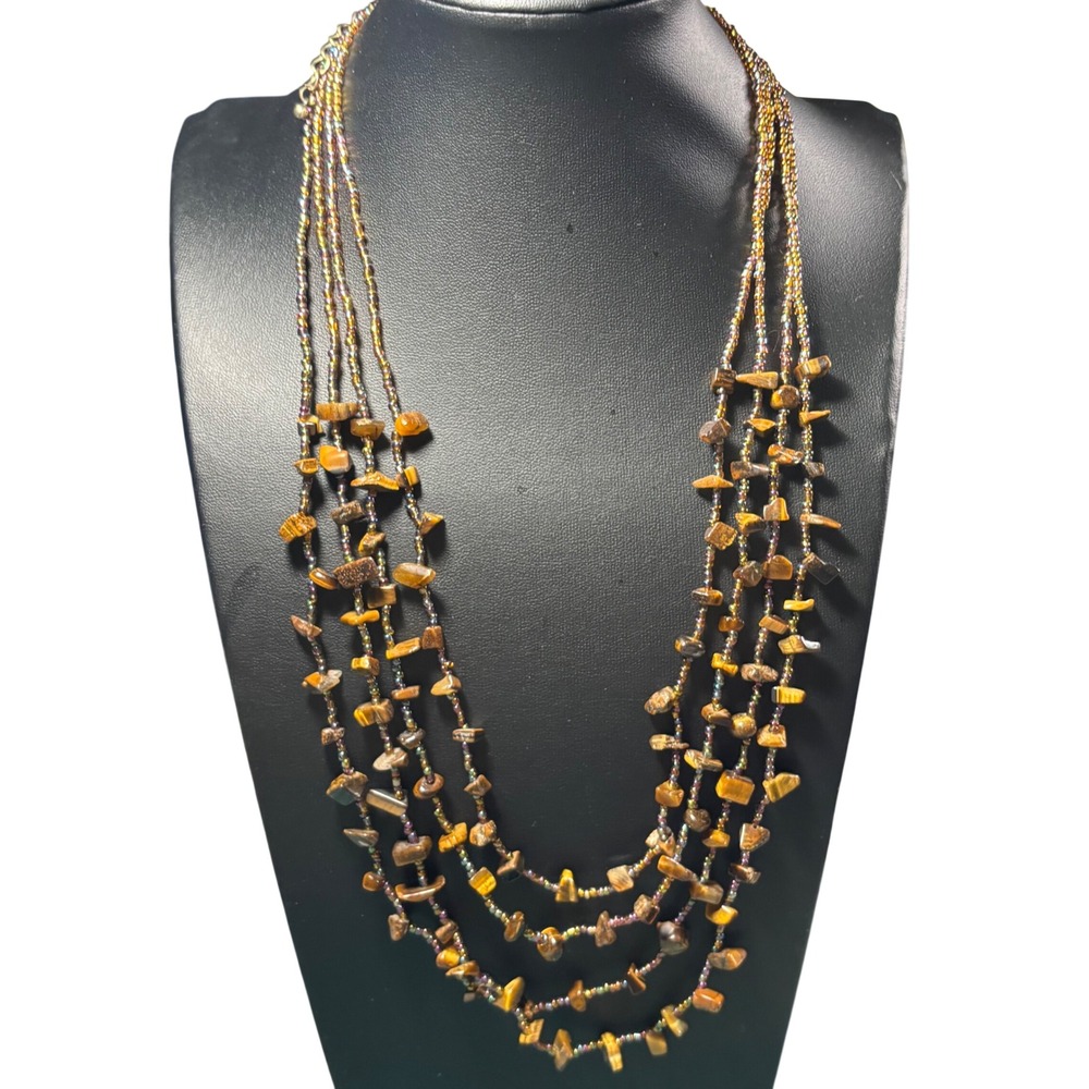 Tigers Eye Multi-Strand Beaded Necklace Iridescent Glass Seed Beads Brown Gold